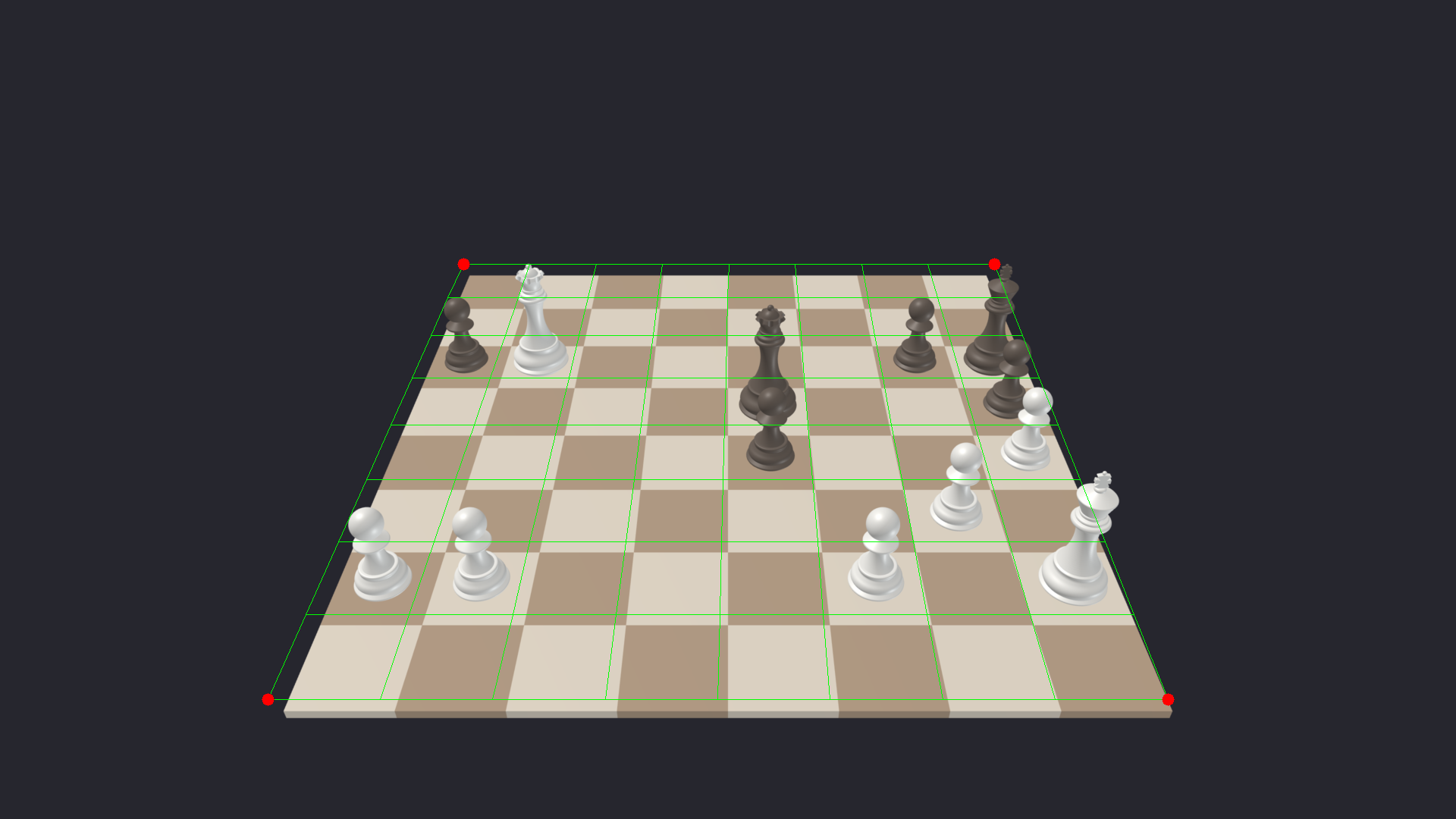 Training image with four red corner dots marking the board corners and a green grid overlay showing the 8×8 square grid